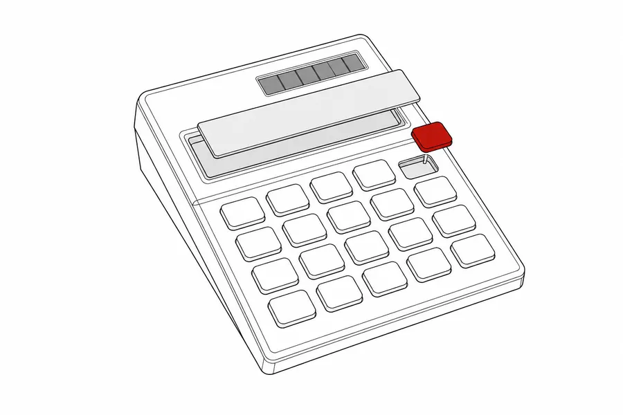 Technical drawing: desk calculator, red key and display glass hovering in front of their sockets