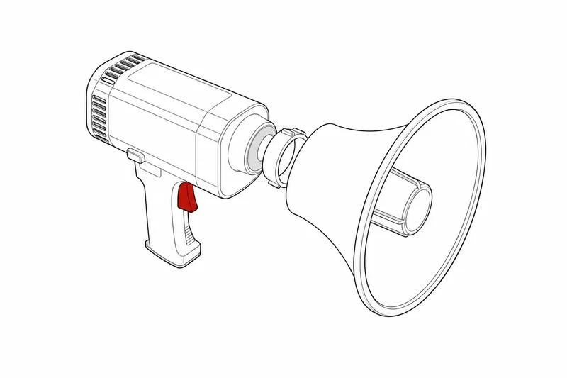 Technical drawing: megaphone with a red actuating lever, its coupling ring lifted a gap out of its seat