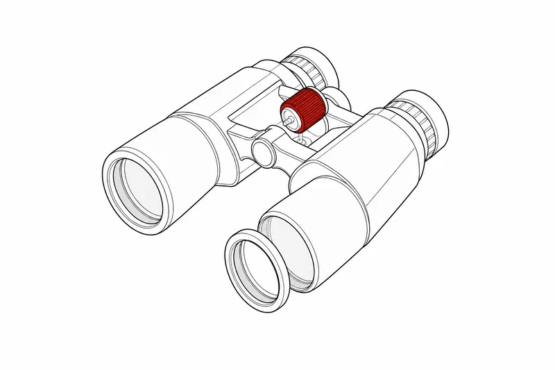 Technical drawing: binoculars, red focus wheel and lens ring hovering in front of their sockets