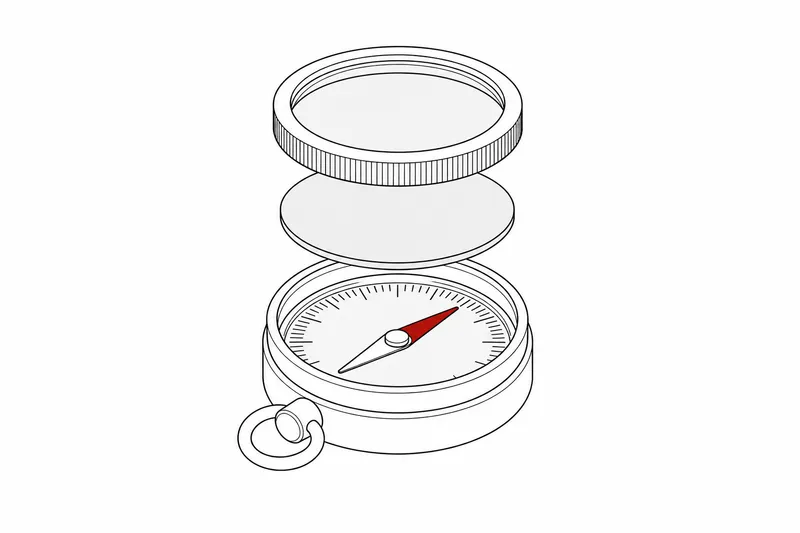 Technical drawing: marching compass, glass and bezel hovering stacked above the case, the north needle in red
