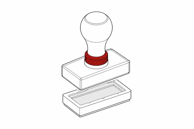 Technical drawing: office stamp, the handle with its red knurled ring hovering above the stamp foot