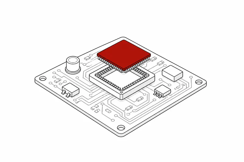 Technical drawing: circuit board, the red chip hovering just above its socket