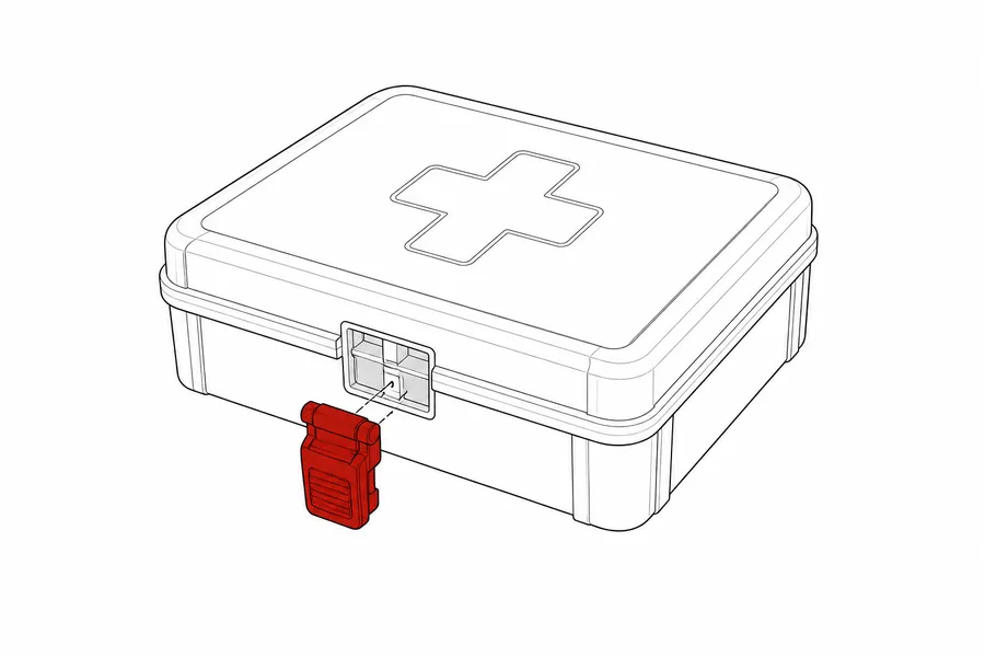 Technical drawing: first-aid case with an embossed cross, the red latch assembly hovering in front of its seat