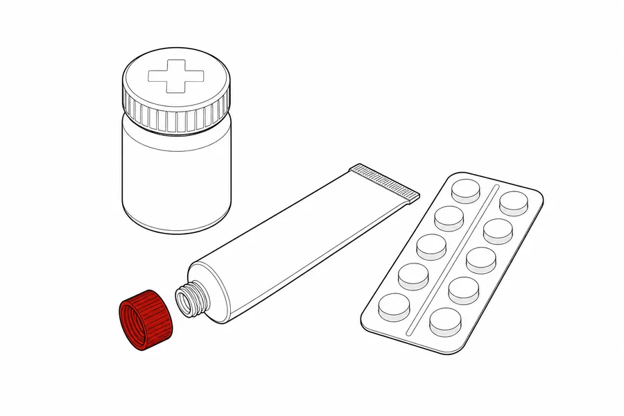 Technical drawing: pill jar with an embossed cross, ointment tube and tablet blister; the tube’s red knurled cap hovering in front of the thread