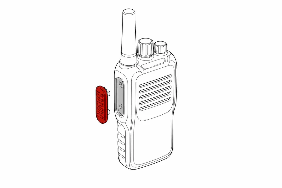Technical drawing: handheld radio, the red push-to-talk button hovering in front of its seat