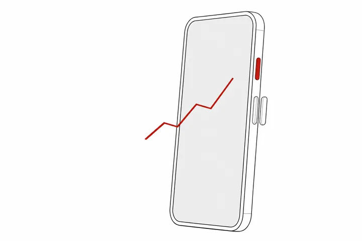 Technical drawing: an upright smartphone with a red side button, a red curve hovering in front of the display and reaching out past the left edge of the device
